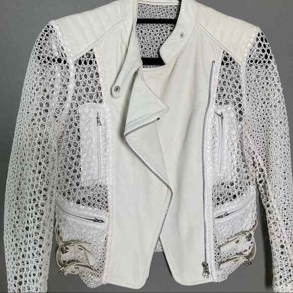 Yigal Azrouel Moto Jacket Size 4 All Over Netting Crochet Lace Leather white